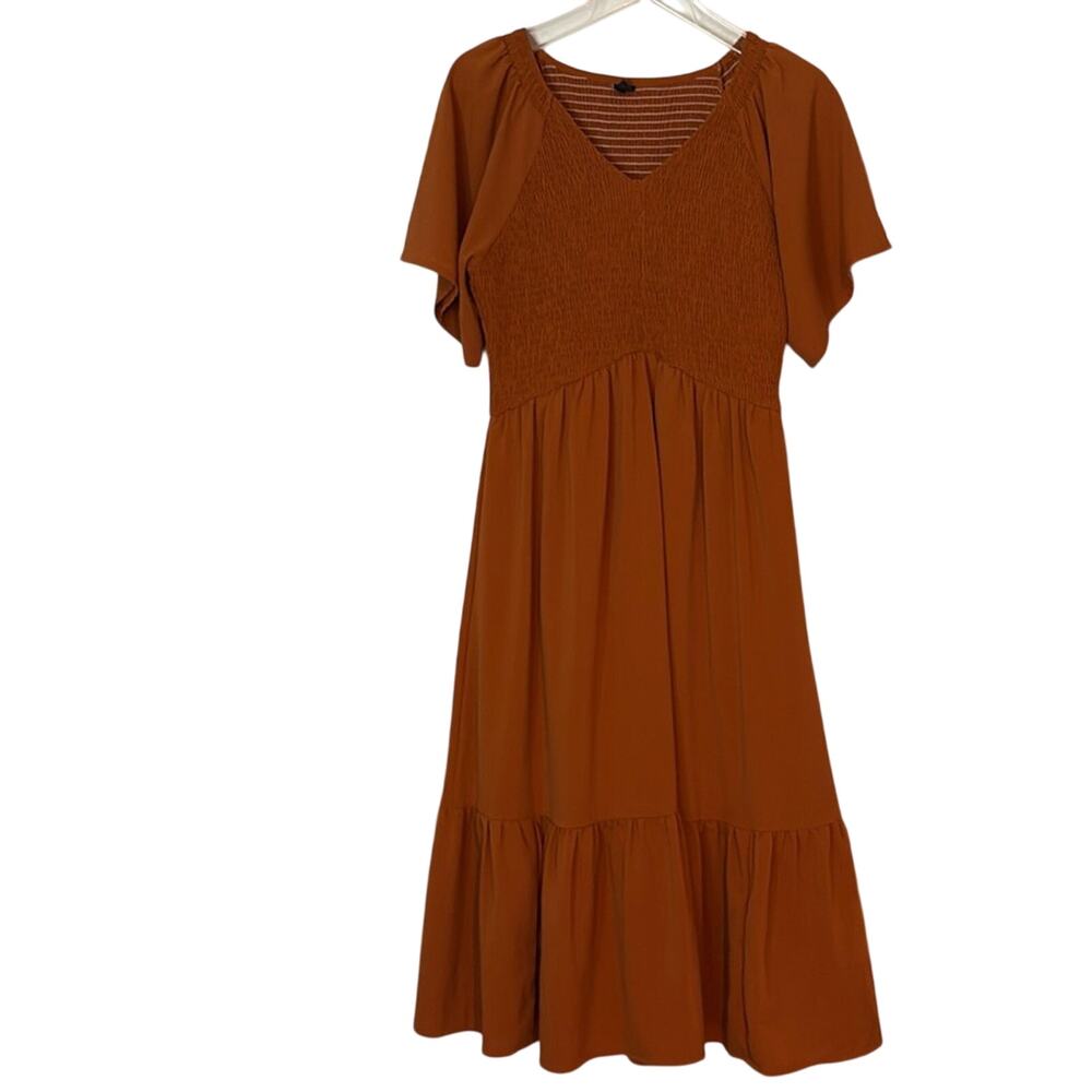 Women's Rust Midi Dress with Smocked Bodice